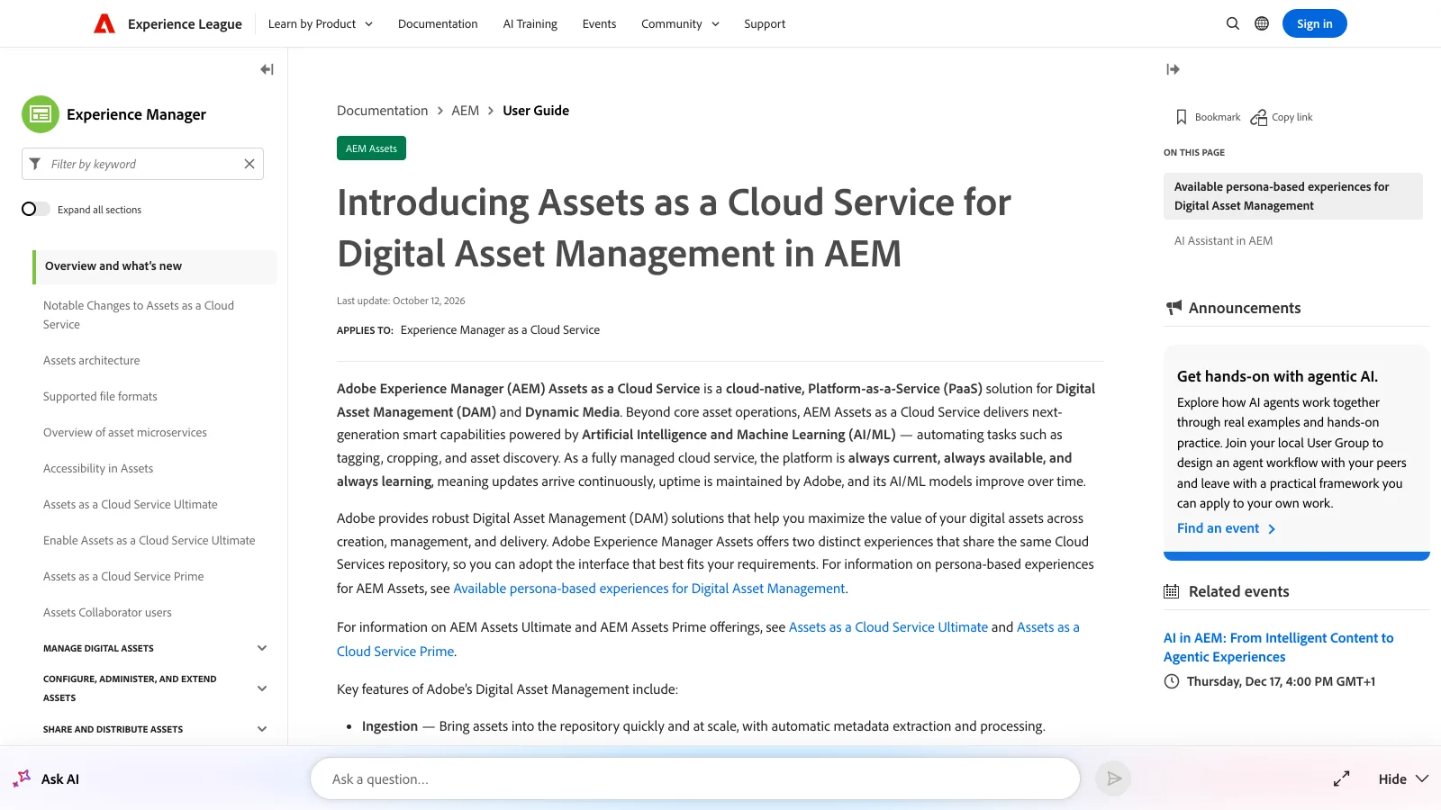 Adobe Experience League page introducing Assets as a Cloud Service for digital asset management in AEM, with the Prime and Ultimate editions in the sidebar