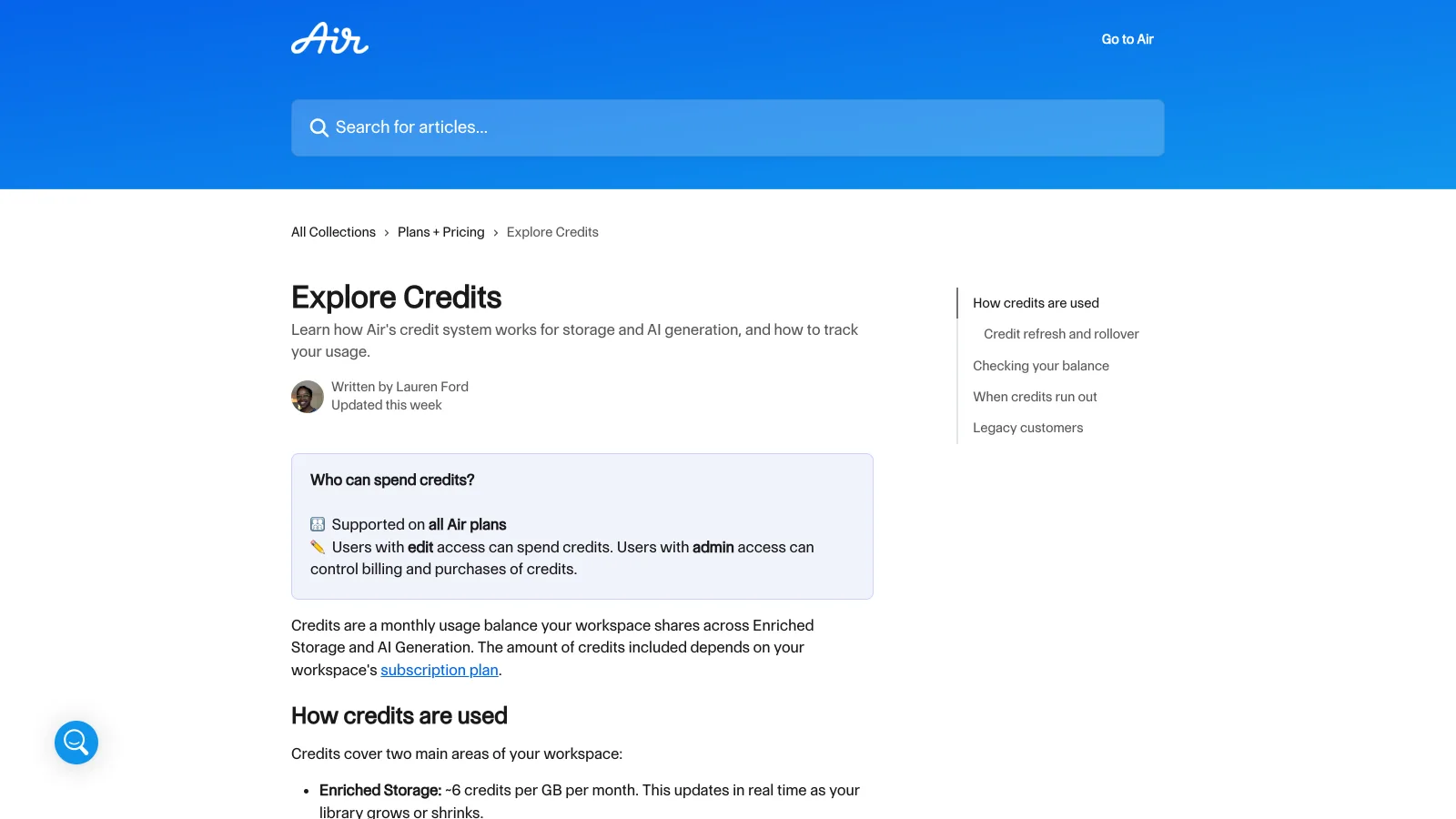 Air help center article Explore Credits explaining that credits are a monthly balance shared across enriched storage and AI generation