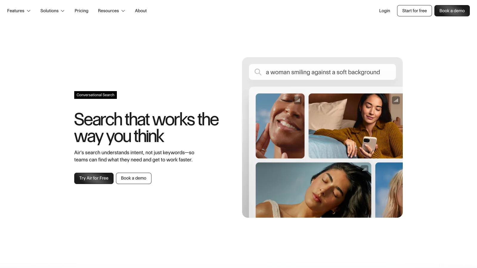 Air.inc conversational search page with the headline Search that works the way you think and results for a woman smiling against a soft background