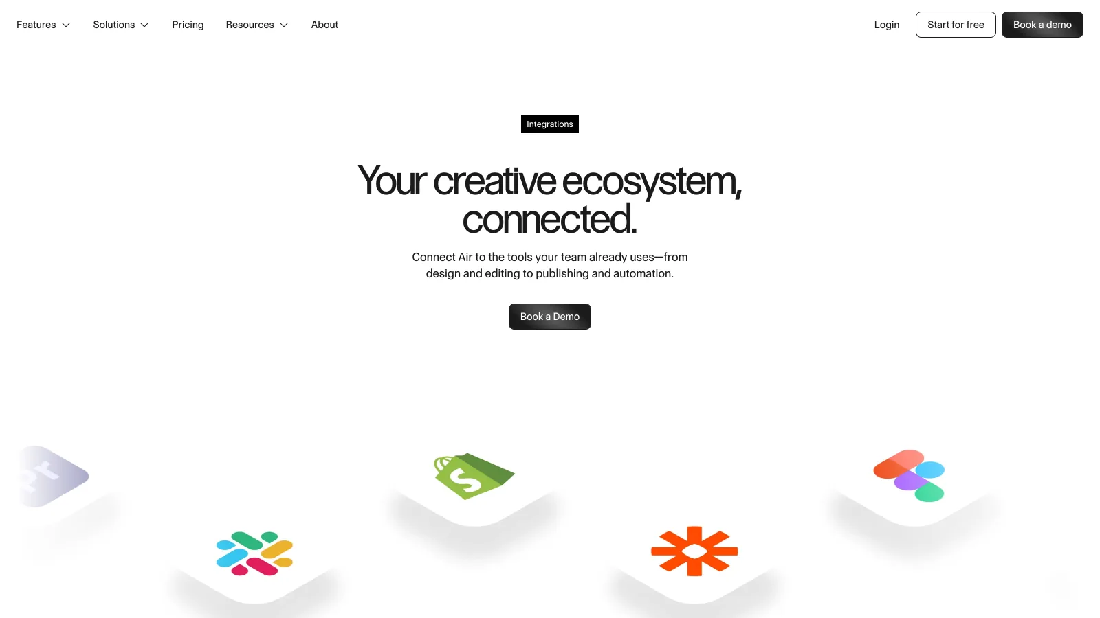 Air.inc integrations page headed Your creative ecosystem, connected, with Slack, Shopify, Zapier, Figma and Canva icons