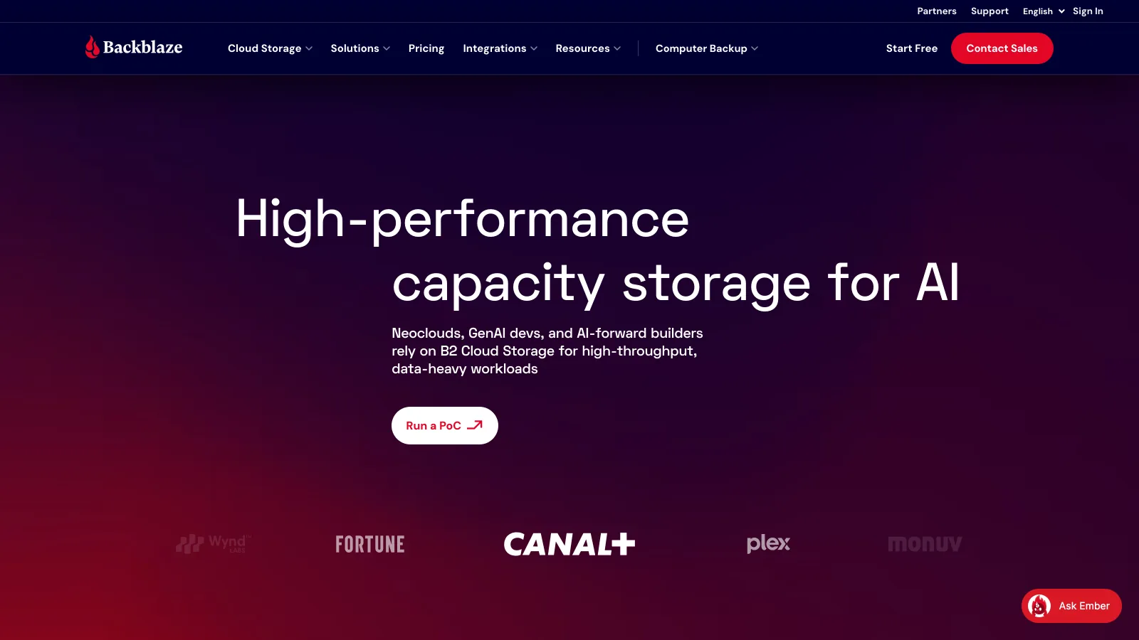 Backblaze homepage with the headline High-performance capacity storage for AI and the B2 Cloud Storage pitch