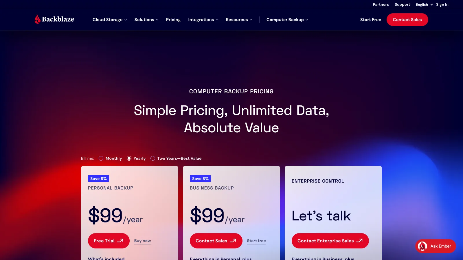 Backblaze Computer Backup pricing page showing Personal Backup and Business Backup at $99 a year with monthly, yearly and two-year billing