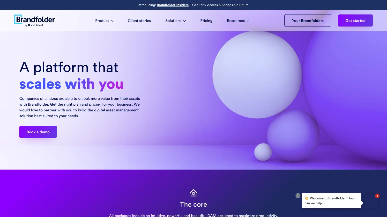 Brandfolder's pricing page leading with a Book a demo button and no price