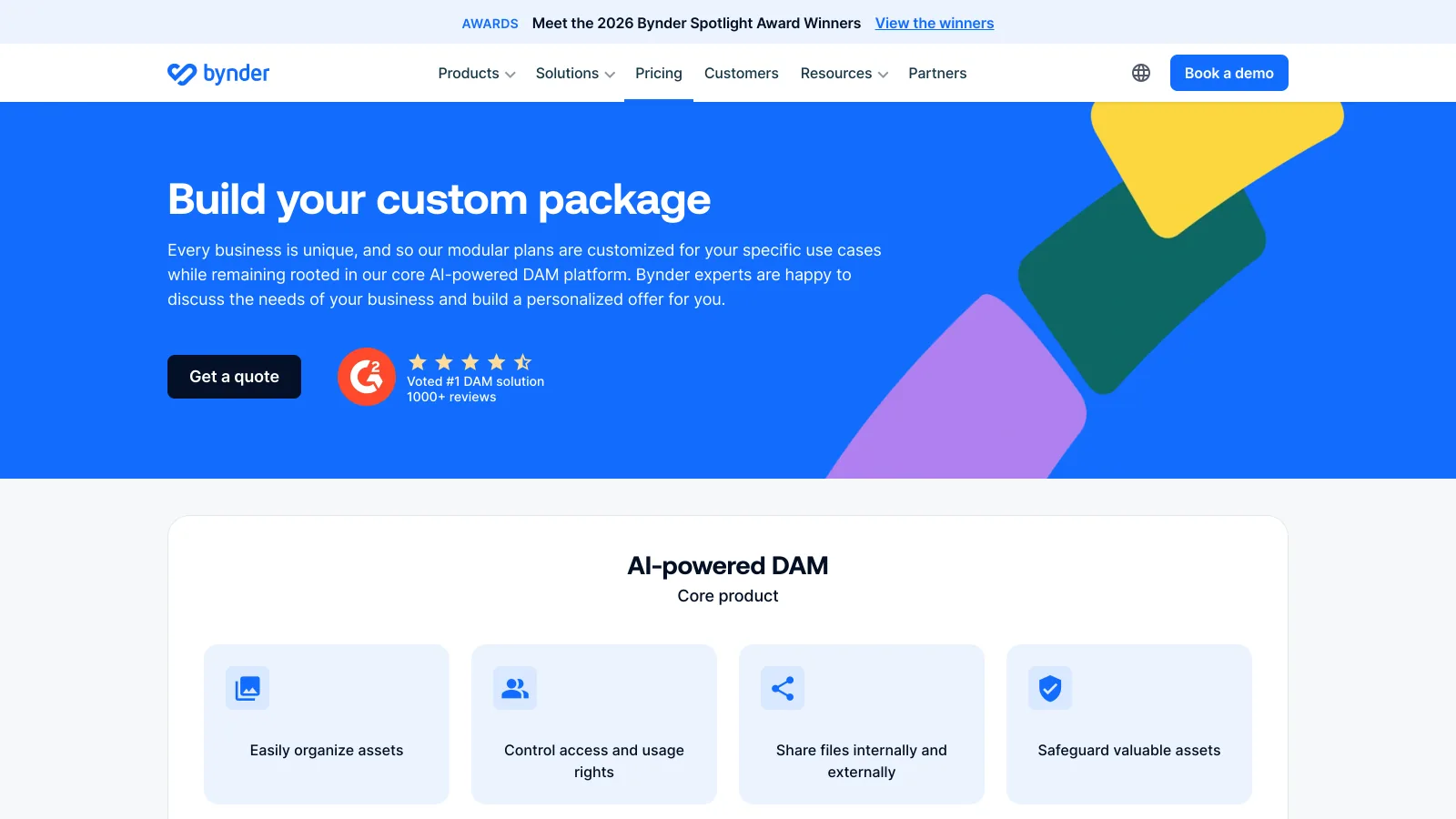 Bynder's pricing page headed Build your custom package with a Get a quote button