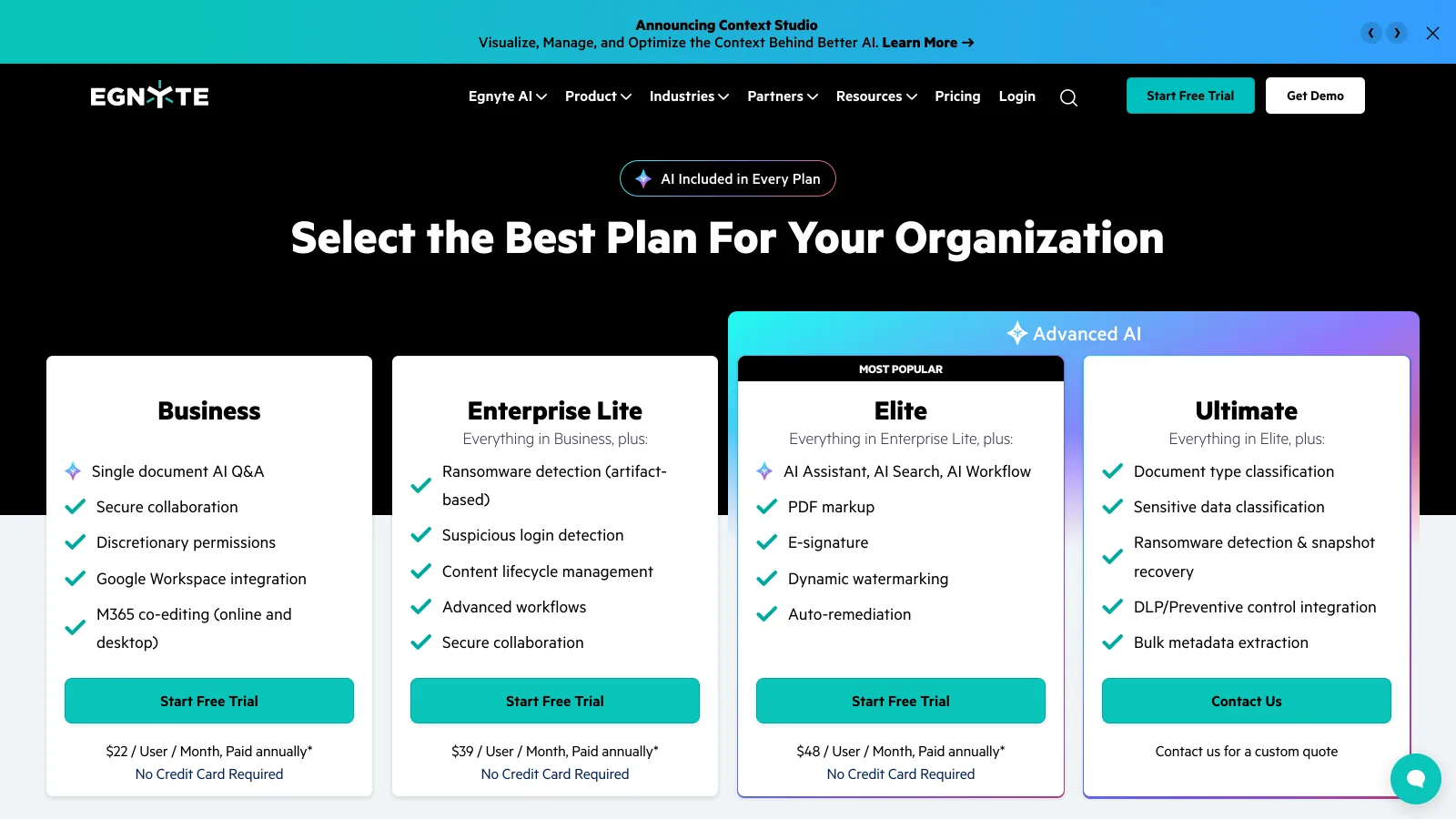 Egnyte pricing page with the Business, Enterprise Lite, Elite and Ultimate plans and their features