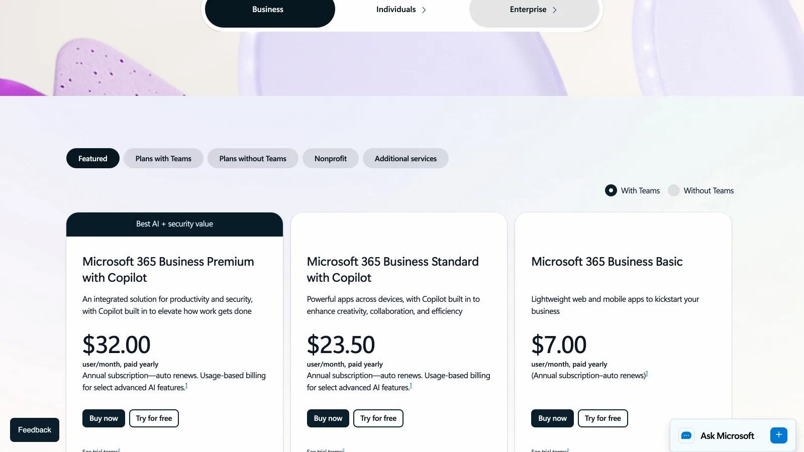 Microsoft 365 business plans page with Business Premium with Copilot at $32, Business Standard with Copilot at $23.50 and Business Basic at $7 per user a month paid yearly