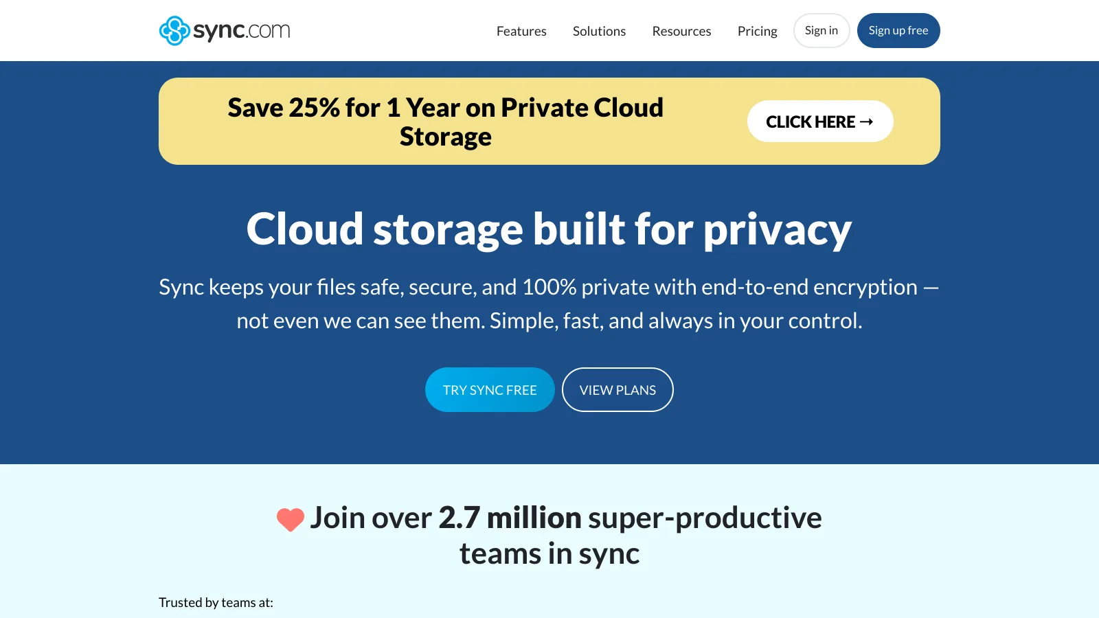 Sync.com homepage presenting cloud storage built for privacy with end-to-end encryption