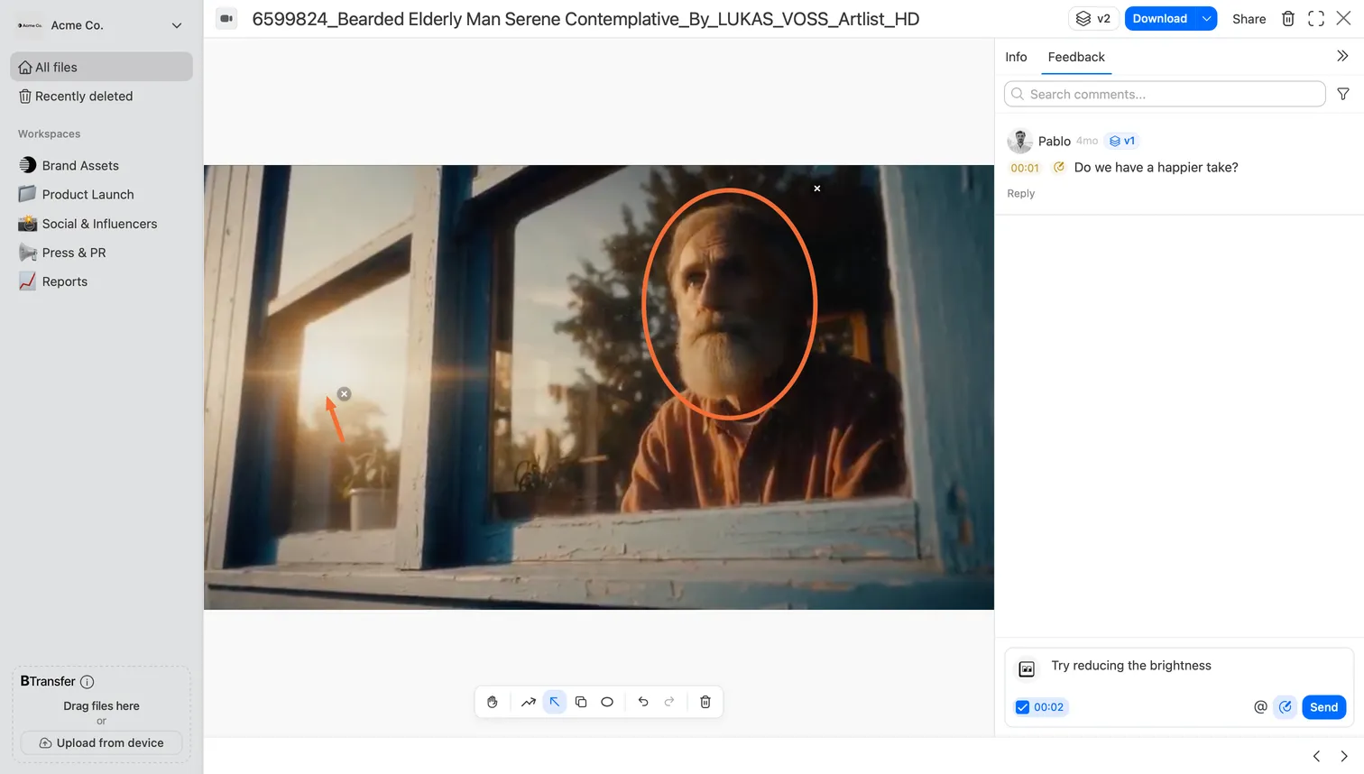 Brault frame-accurate video review showing a timestamped comment and a drawn annotation on a 4K clip