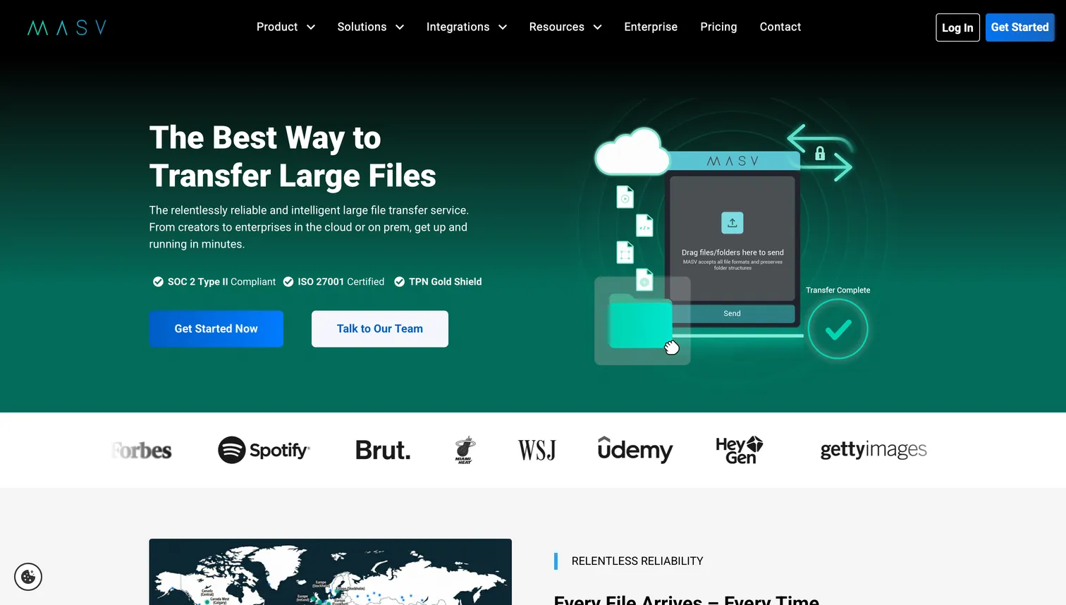 MASV large file transfer interface sending a video project