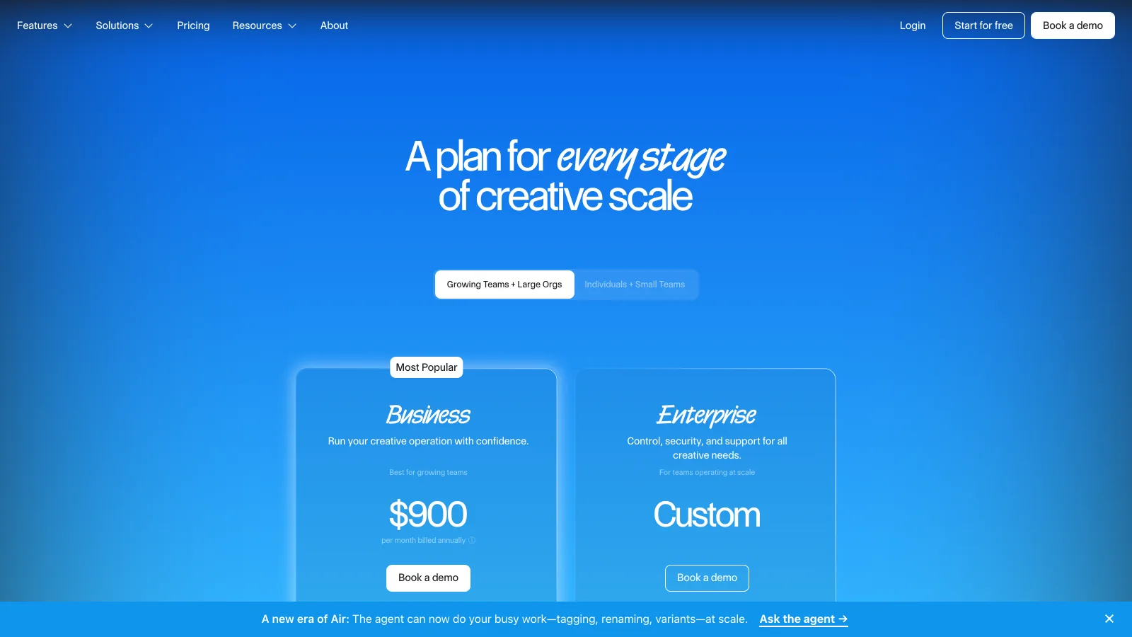 Air pricing page showing the Business plan at $900 a month billed annually and the Enterprise plan on custom pricing
