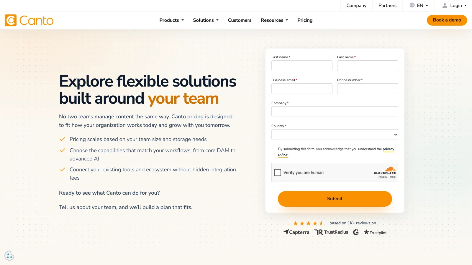 Canto pricing page explaining that pricing scales with team size and storage, with a quote request form
