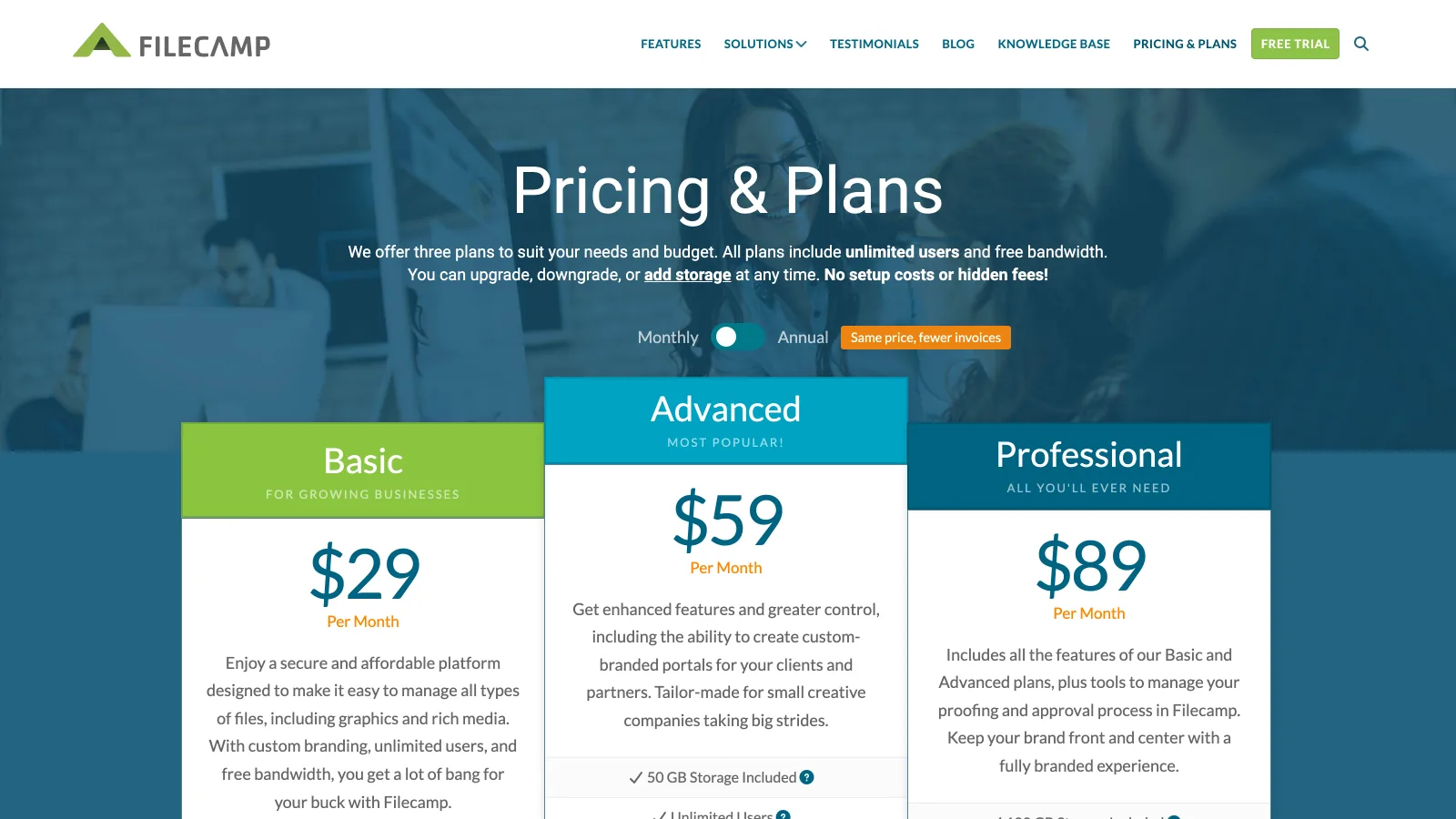 Filecamp pricing page showing the Basic plan at $29, Advanced at $59 and Professional at $89 a month