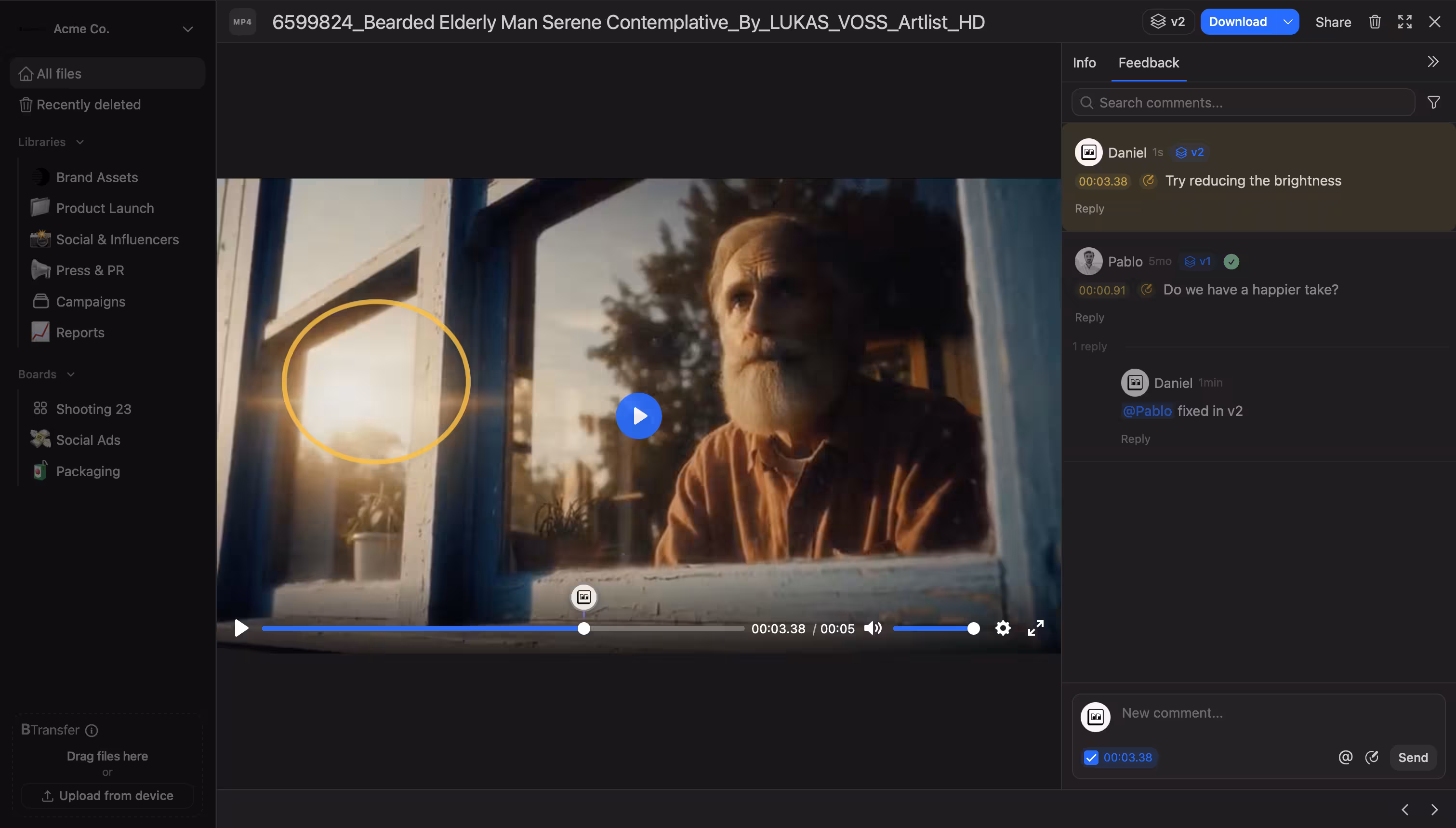 Brault video review software showing a frame-accurate drawing annotation pinned to a video timestamp