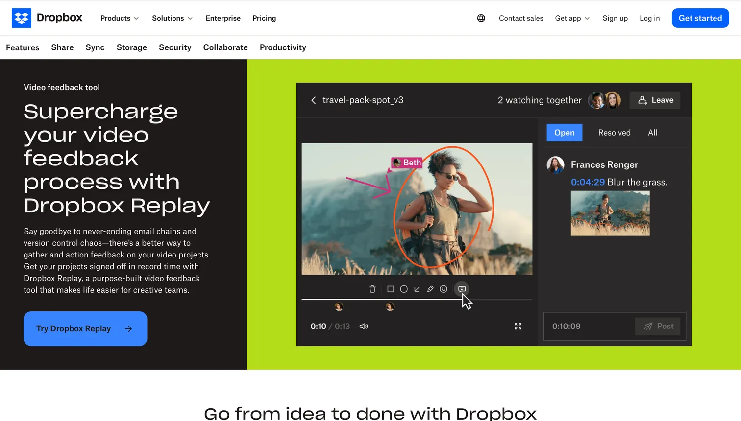 Dropbox Replay video review interface with version compare on footage stored in Dropbox
