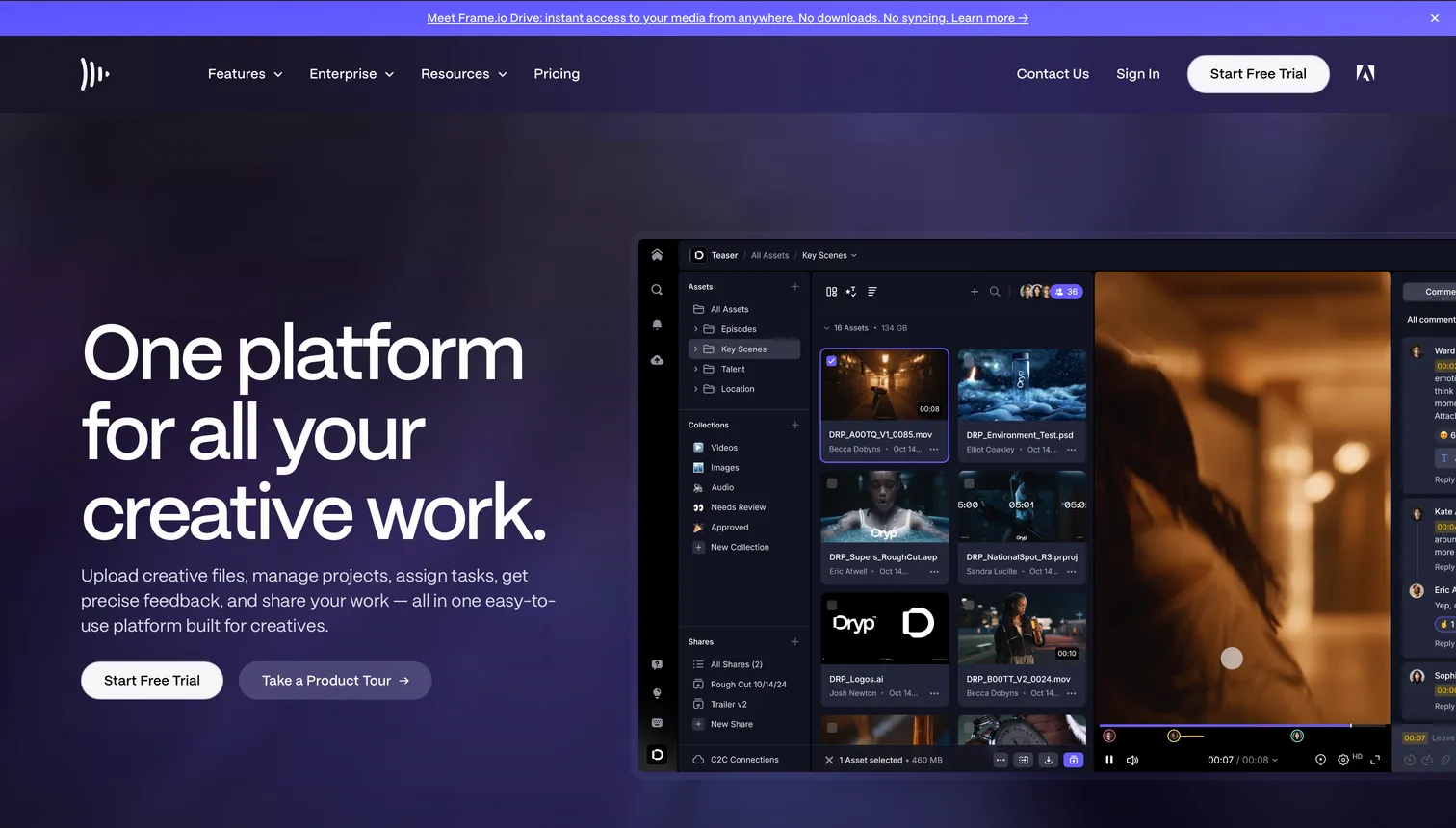 Frame.io video review interface showing frame-accurate comments on a video timeline