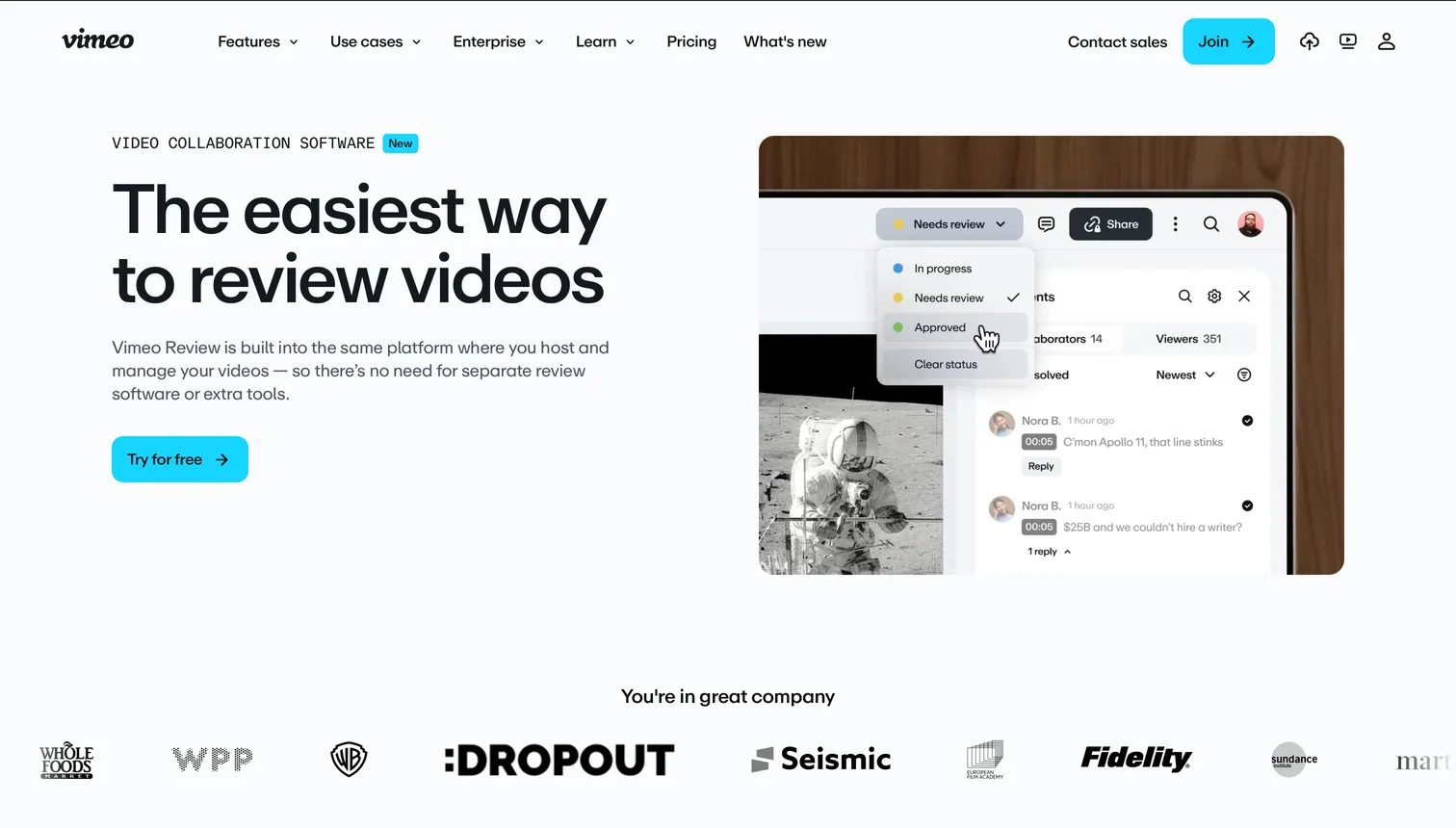 Vimeo Review interface showing timestamped comments on a hosted video