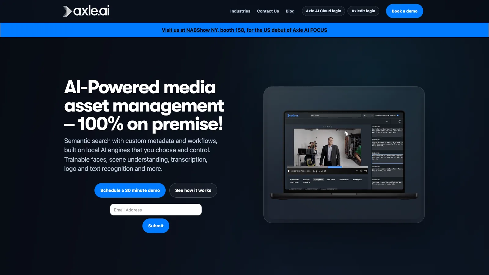 Axle.ai homepage presenting AI-powered media asset management running 100% on premise with semantic search, trainable faces and transcription