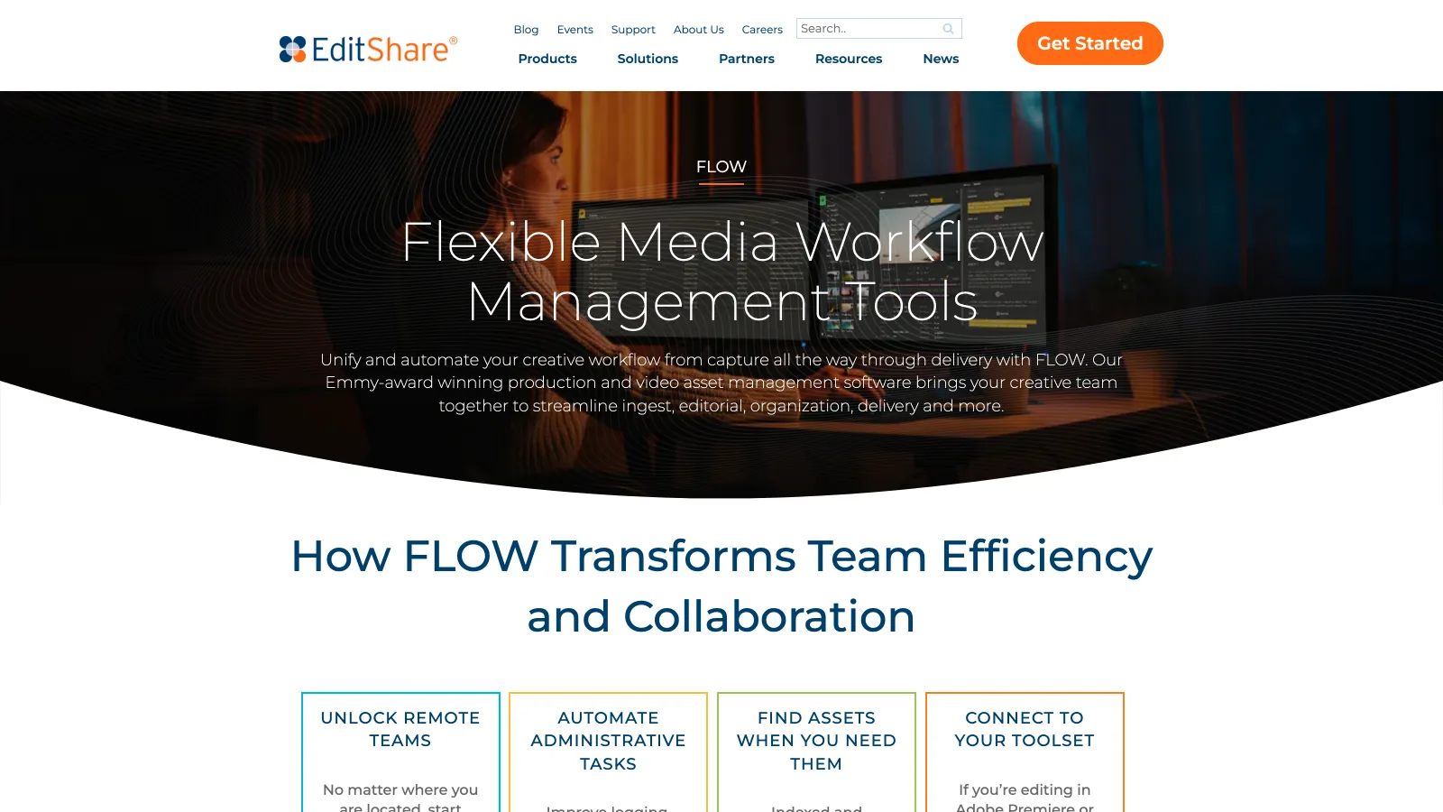 EditShare FLOW page presenting flexible media workflow management tools from capture through delivery