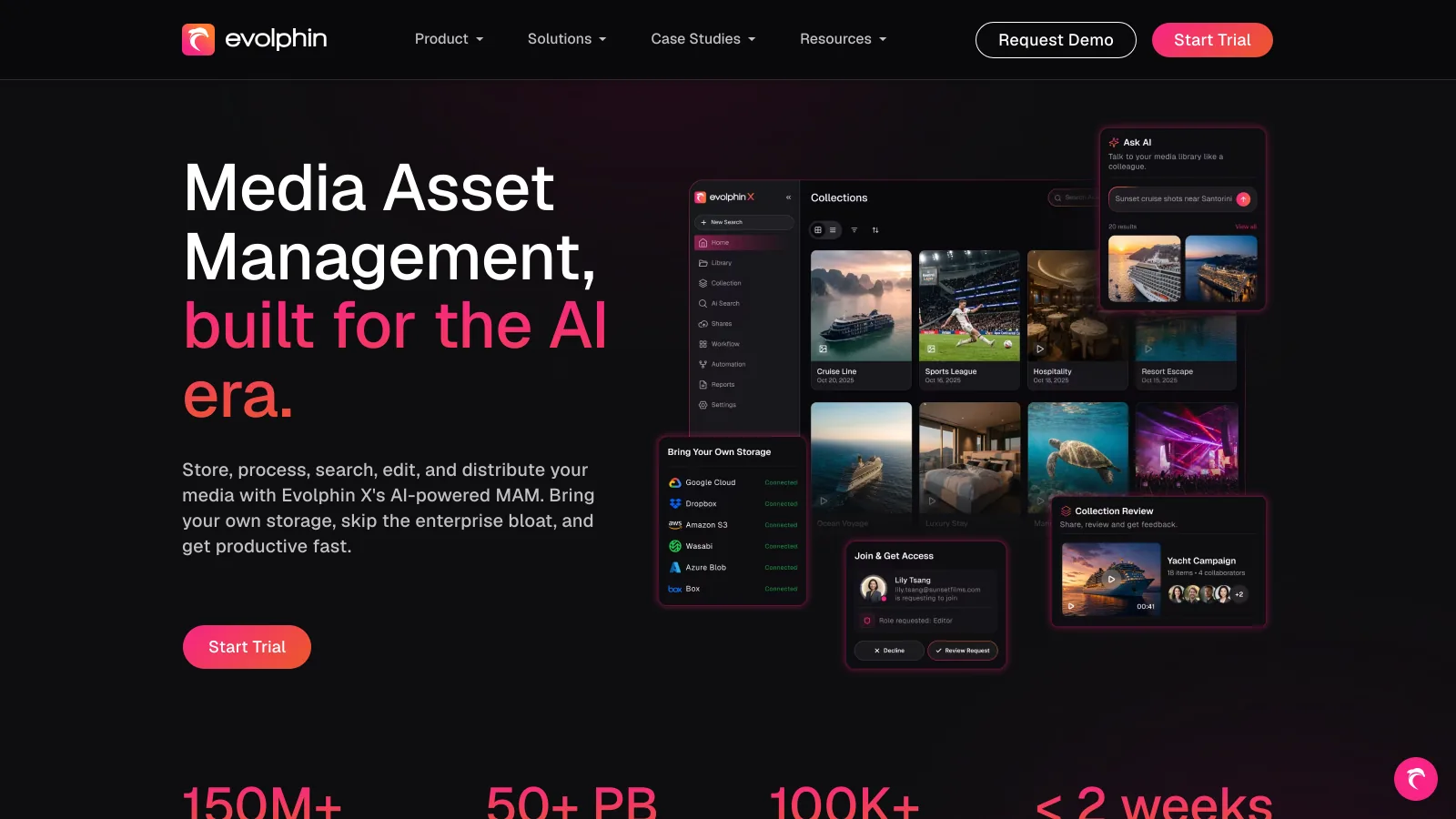 Evolphin X media asset management page with AI search, bring-your-own storage connections and collection review