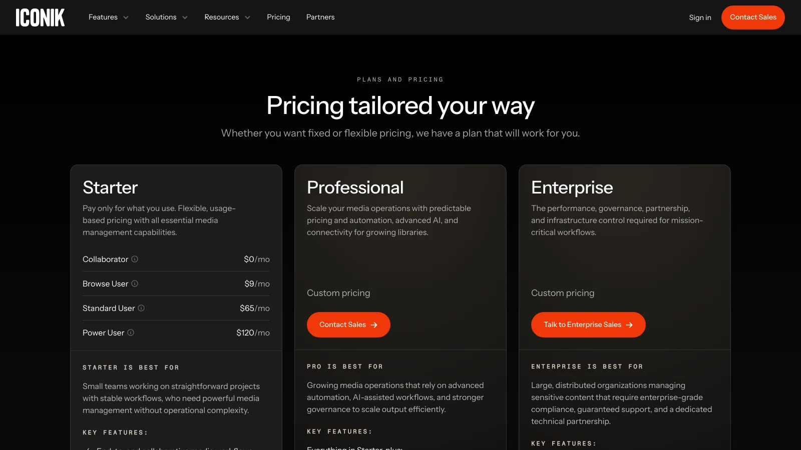 iconik pricing page with the usage-based Starter plan priced per user type and custom-priced Professional and Enterprise plans