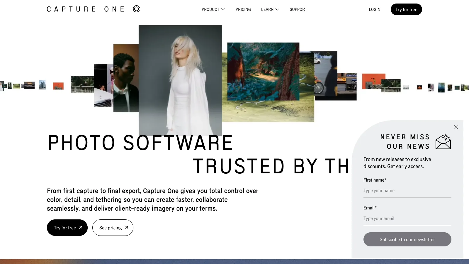 Capture One homepage with the headline Photo software trusted by the pros over a strip of fashion and landscape photographs