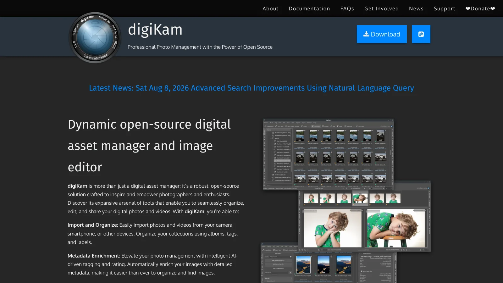 digiKam homepage describing a dynamic open-source digital asset manager and image editor with screenshots of its album view
