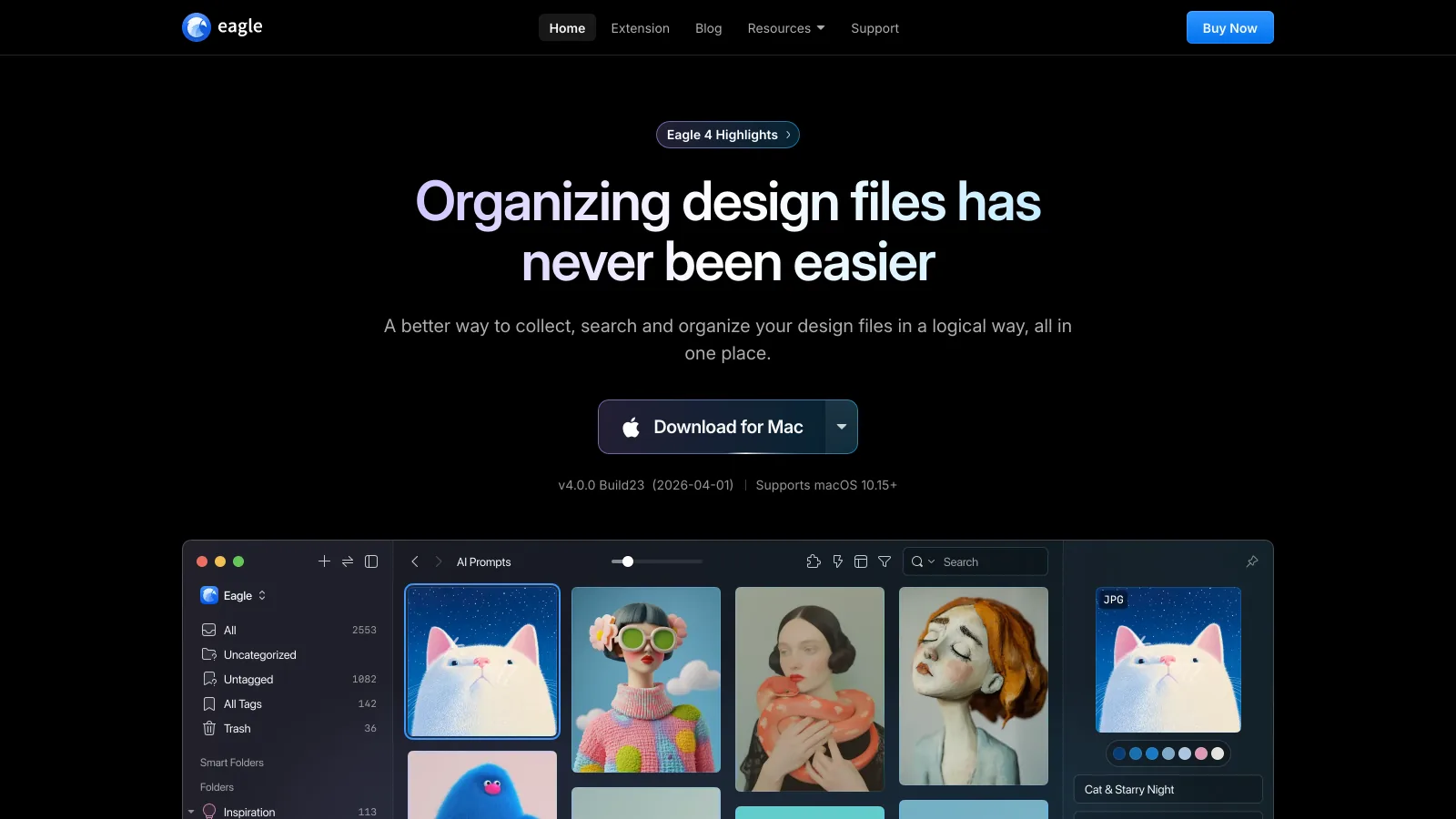 Eagle homepage with the headline Organizing design files has never been easier above a library of illustrations with color tags