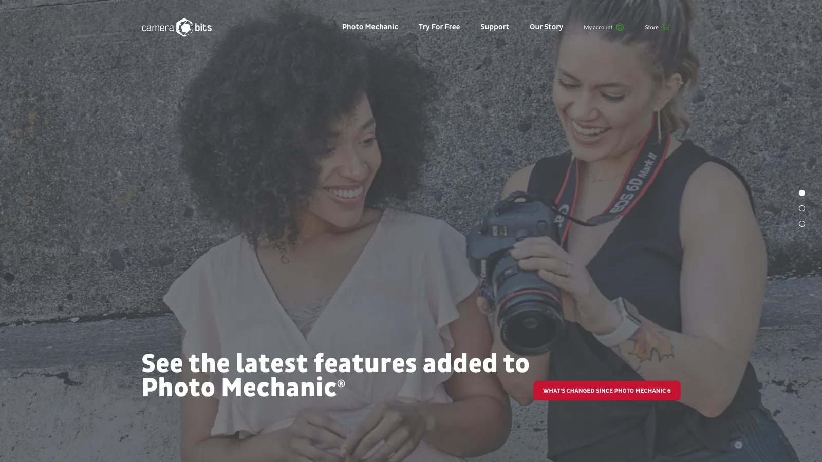 Camera Bits homepage announcing the latest features added to Photo Mechanic over a photo of two photographers