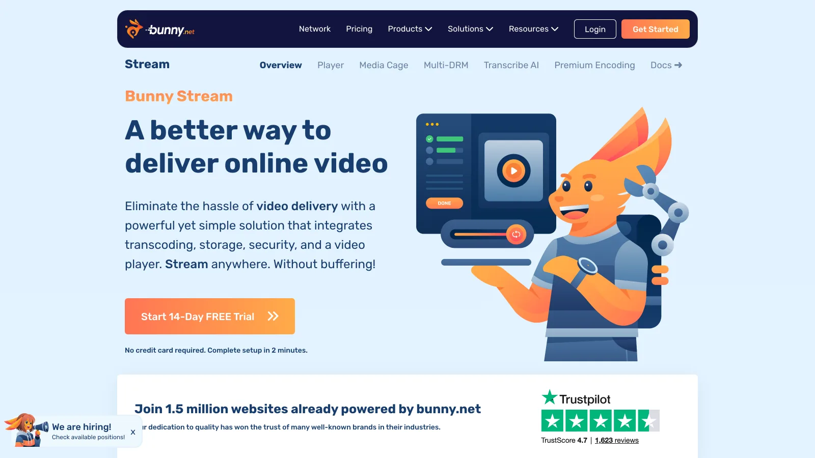 Bunny Stream page presenting video delivery with transcoding, storage, security and a video player