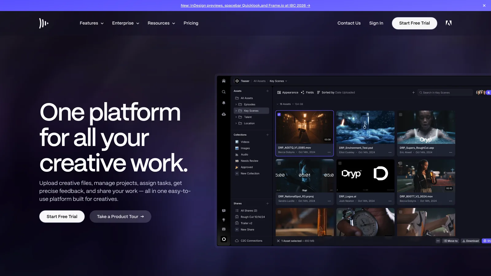 Frame.io homepage presenting its creative collaboration platform for uploading, reviewing and sharing creative work