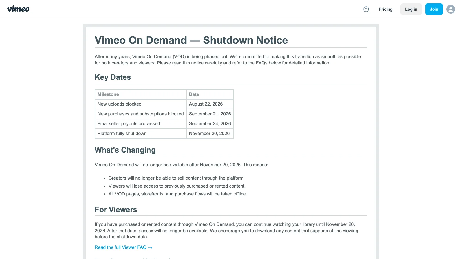 Vimeo On Demand shutdown notice with the key dates: new uploads blocked August 22, 2026, new purchases blocked September 21, final payouts September 24 and full shutdown November 20, 2026