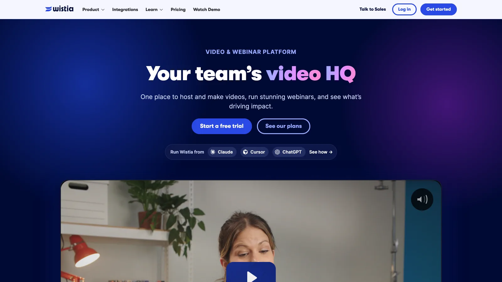 Wistia homepage presenting its video and webinar platform for marketing teams