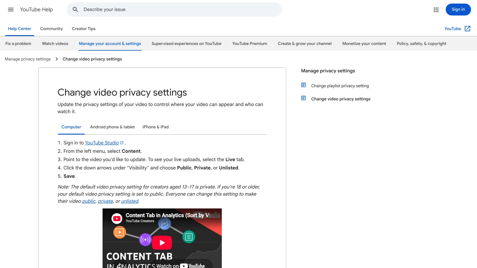 YouTube Help page explaining how to change a video's privacy setting to public, private or unlisted