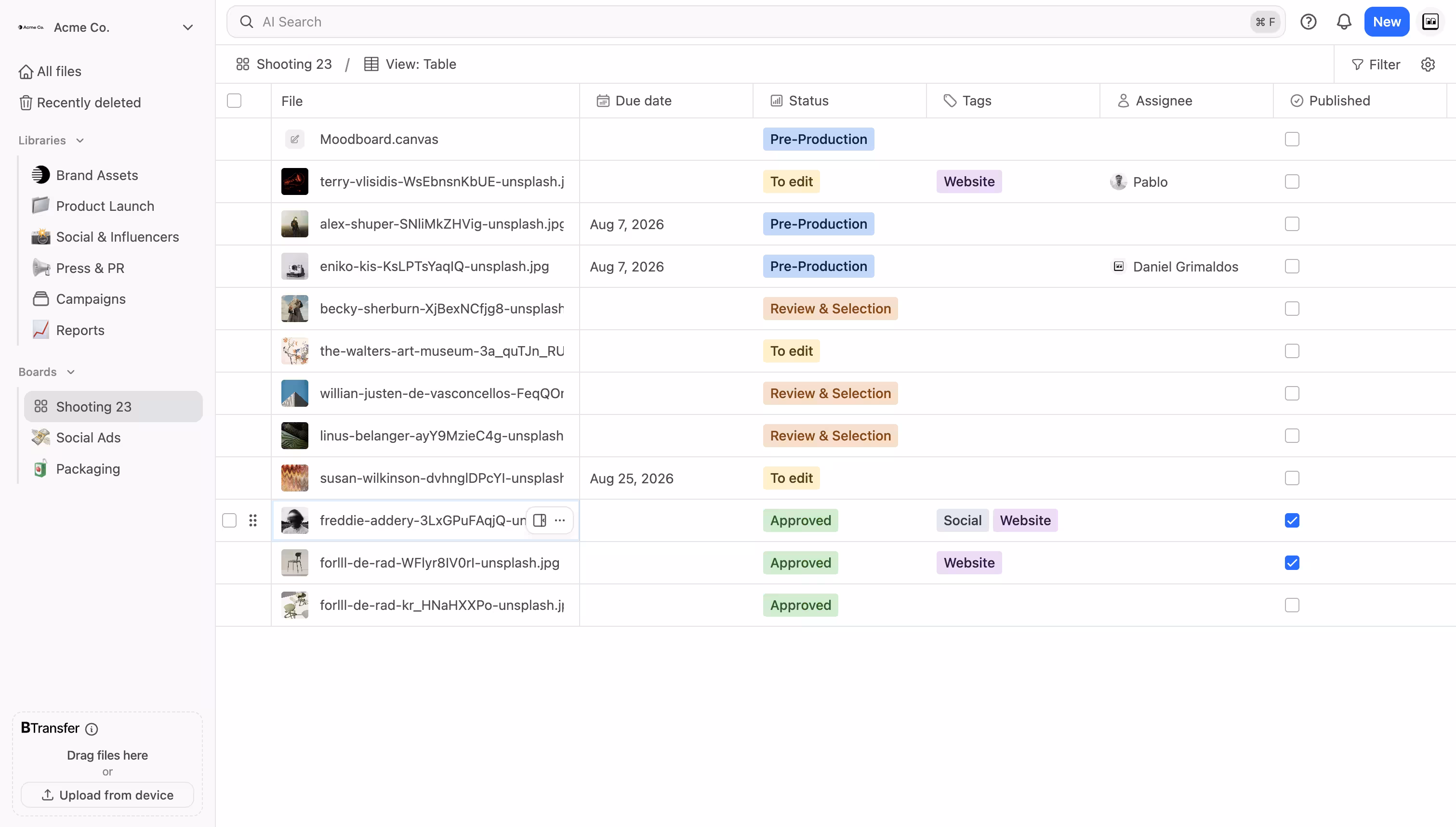 Brault Board in table view with columns for due date, status, tags, assignee, and published