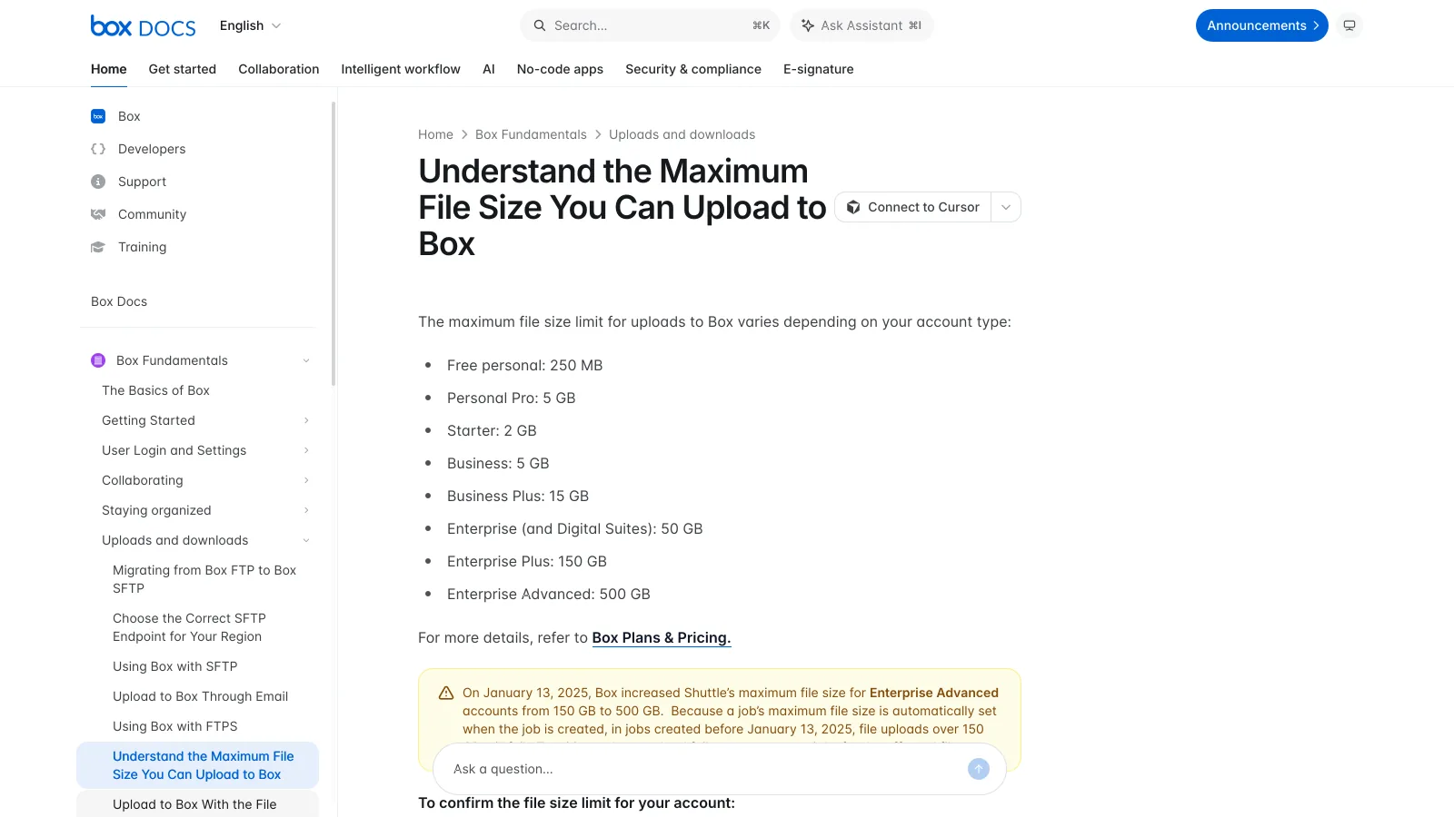 Box help article listing the maximum upload size for each plan, from 250 MB on the free personal plan to 500 GB on Enterprise Advanced