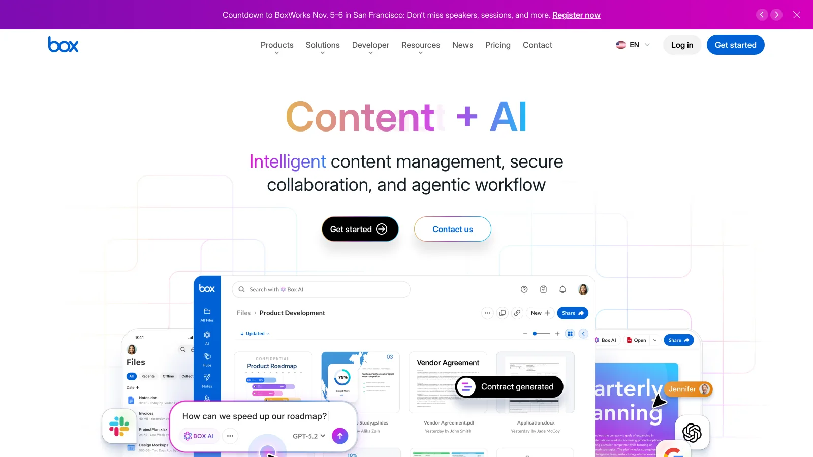 Box homepage presenting Content + AI, intelligent content management and secure collaboration for organizations