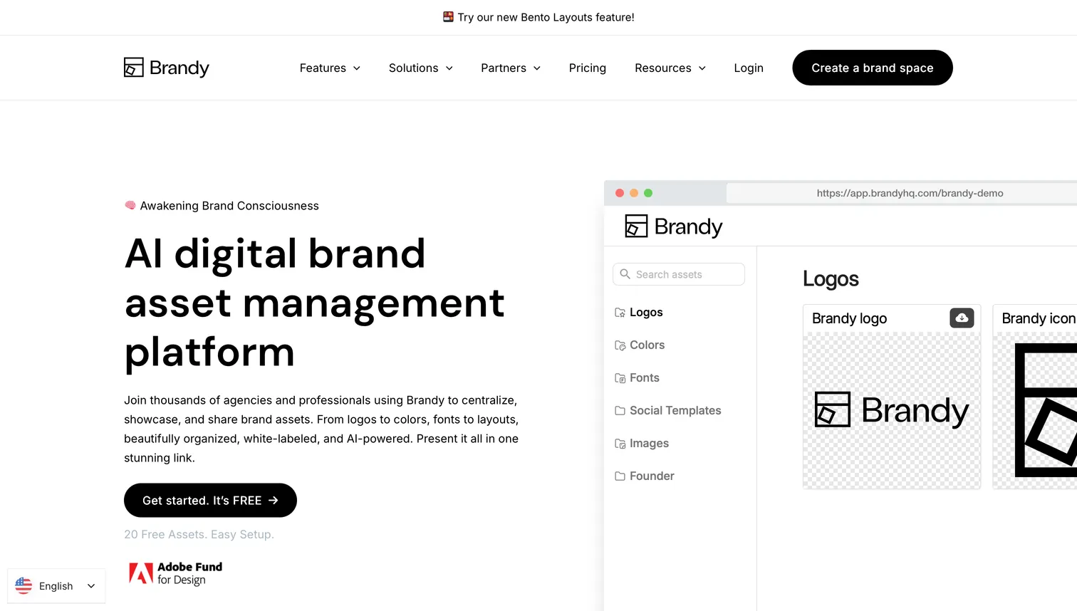 Brandy brand asset management portal showing a curated brand space with logos, colors, typography, and downloadable assets