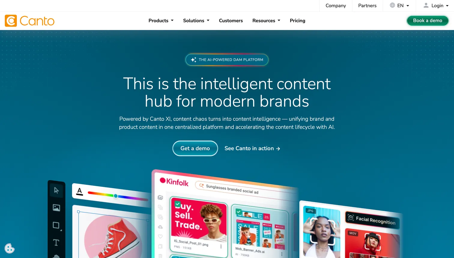 Canto brand asset management interface showing the digital asset library, AI tagging, and customizable brand portal