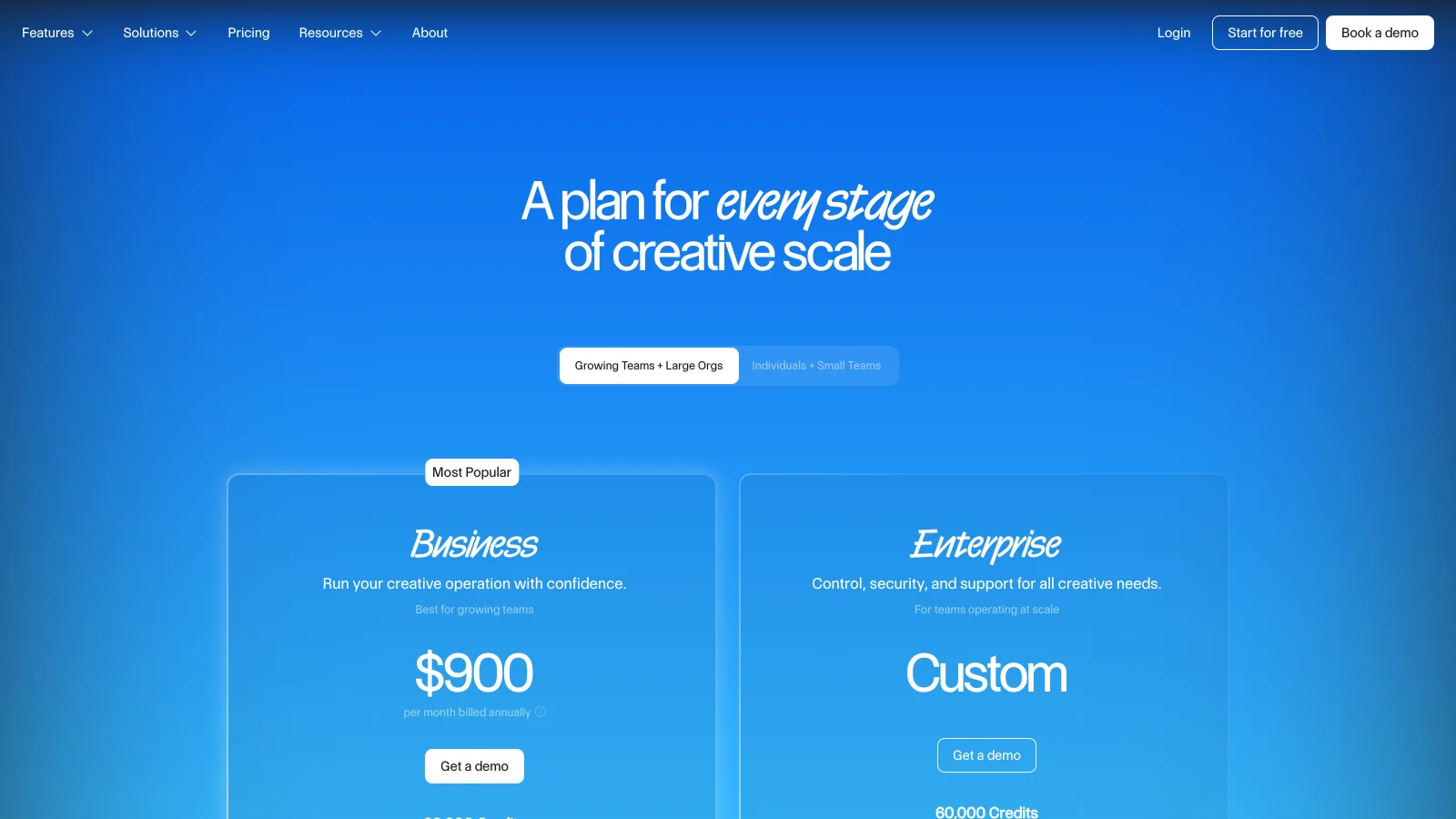Air's pricing page for growing teams showing the Business plan at $900 a month billed annually and a custom Enterprise plan