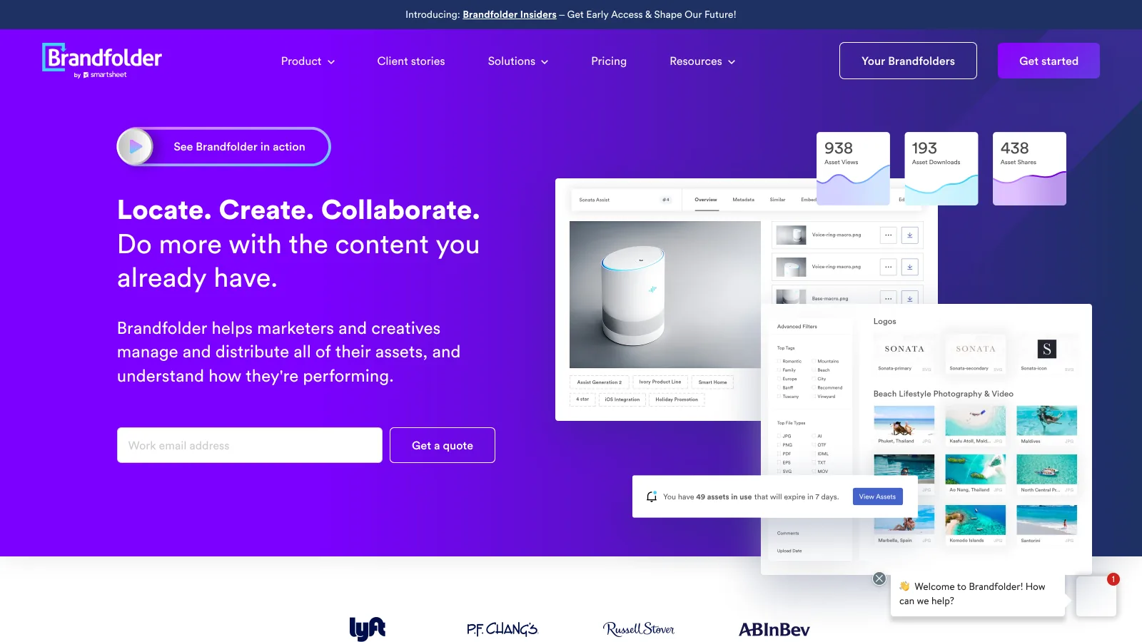 Brandfolder homepage with the tagline Locate, Create, Collaborate, an asset detail view and analytics tiles for asset views, downloads and shares