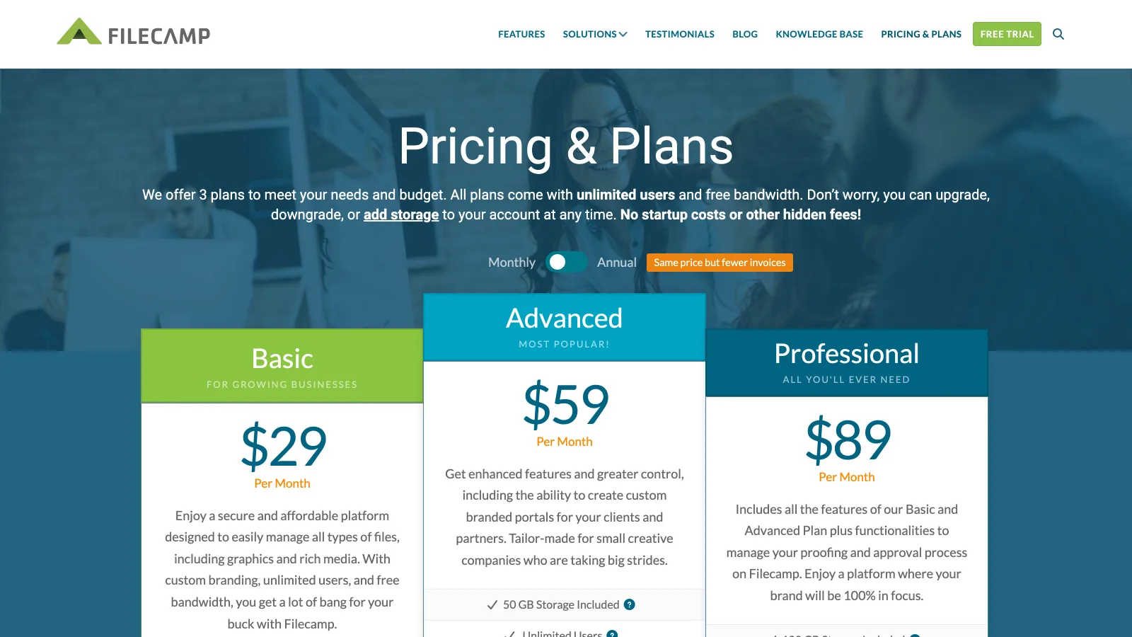 Filecamp pricing page with three storage-based plans and unlimited users