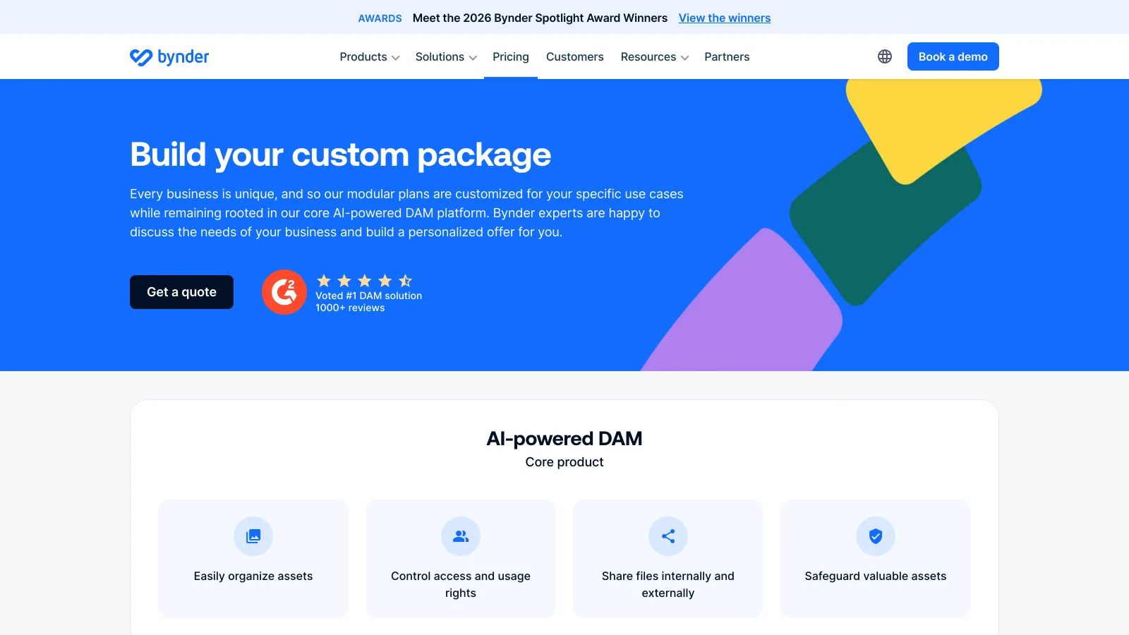 Bynder pricing page with the heading Build your custom package and a Get a quote button, no prices shown