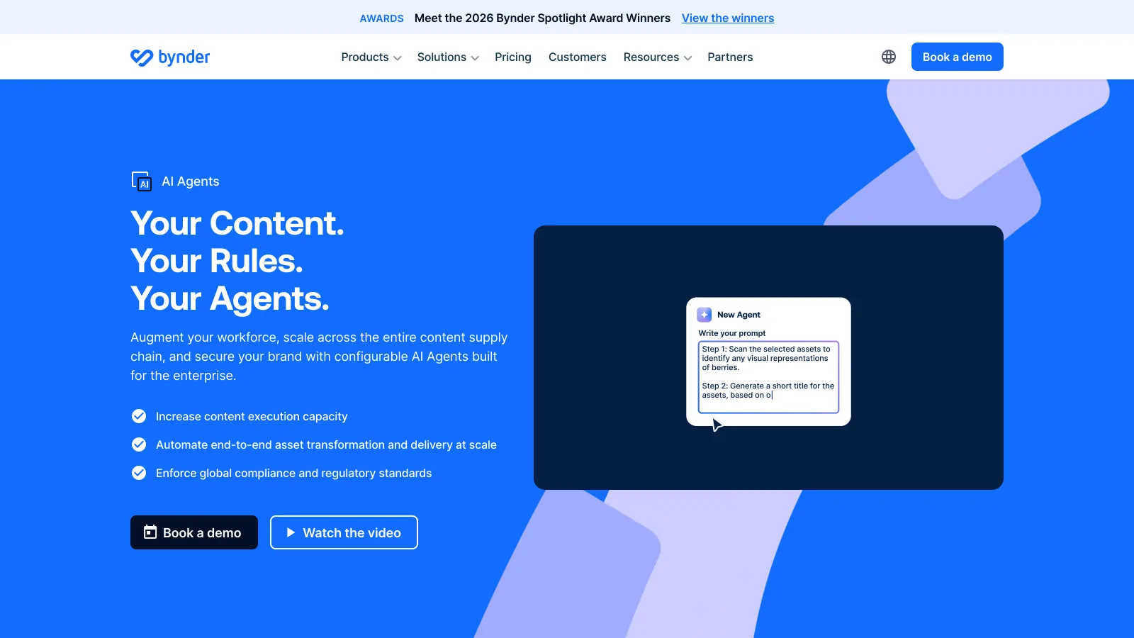 Bynder AI Agents page with the headline Your Content. Your Rules. Your Agents. and a prompt box for creating a new agent