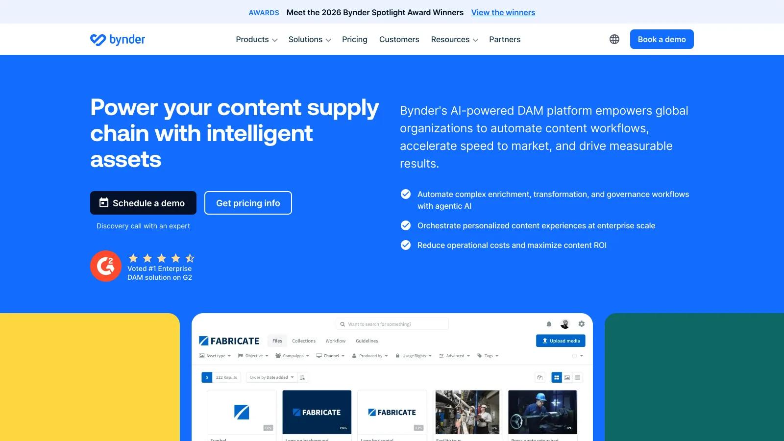 Bynder homepage with the headline Power your content supply chain with intelligent assets, demo and pricing buttons and a Voted number 1 Enterprise DAM on G2 badge