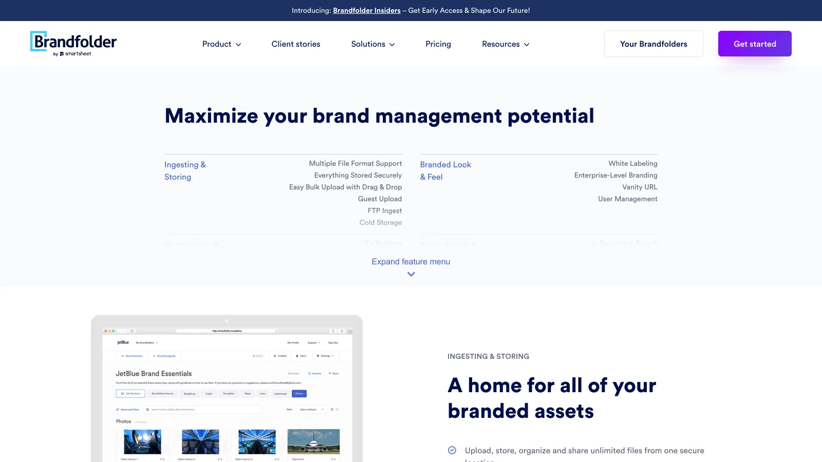 Brandfolder's product page listing digital asset management, creative workflow, Brand Intelligence, Portals, Brandguide and Smart CDN