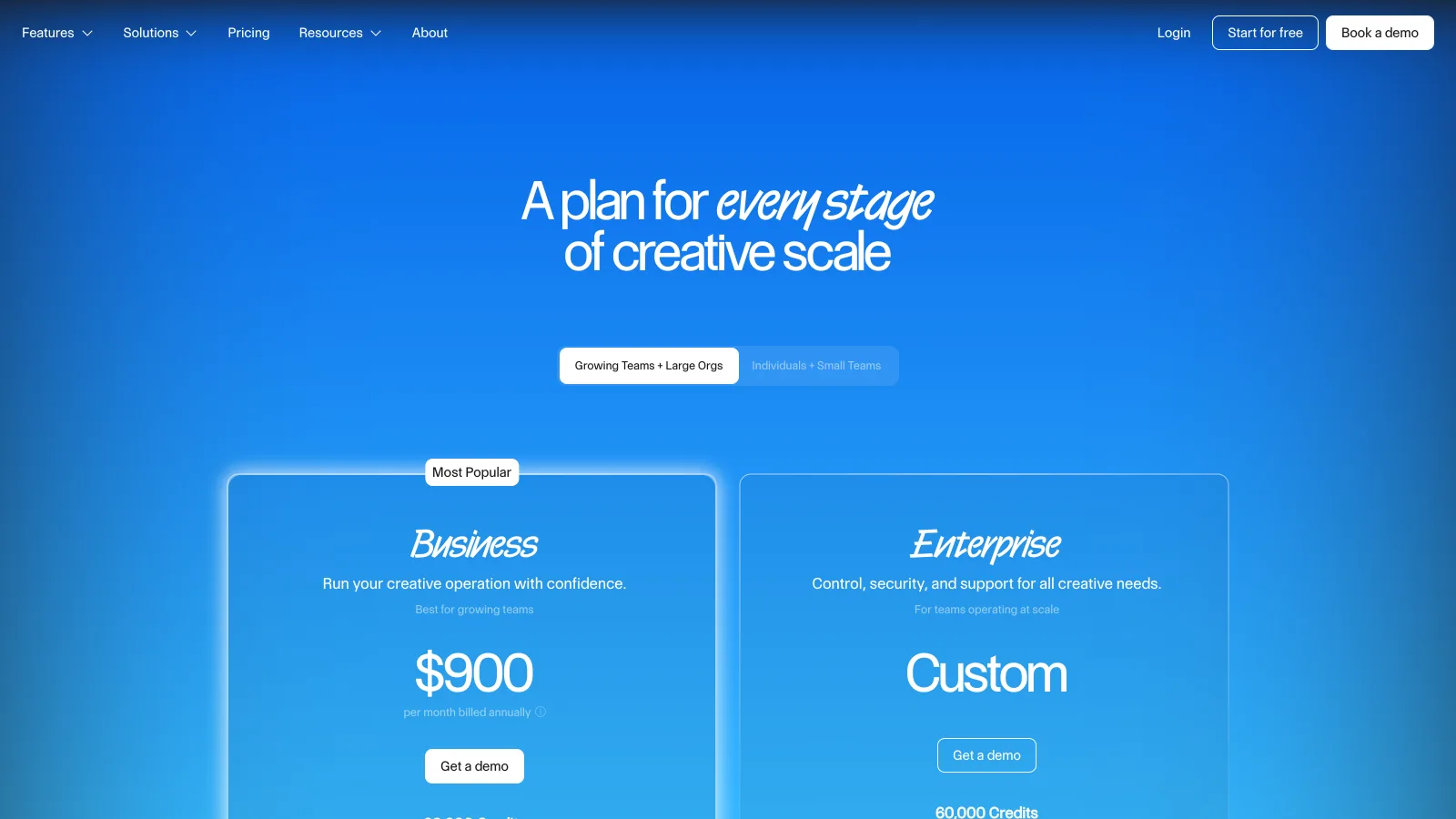Air pricing page for growing teams showing the Business plan at $900 a month billed annually and a custom Enterprise plan