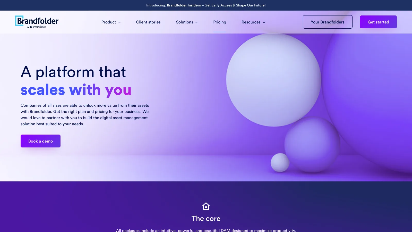 Brandfolder pricing page leading with a Book a demo button and no price on its packages