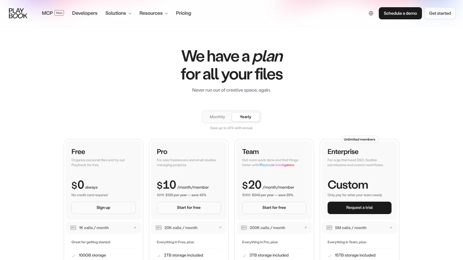 Playbook pricing page with Free, Pro at $10 per member, Team at $20 per member and a custom Enterprise plan