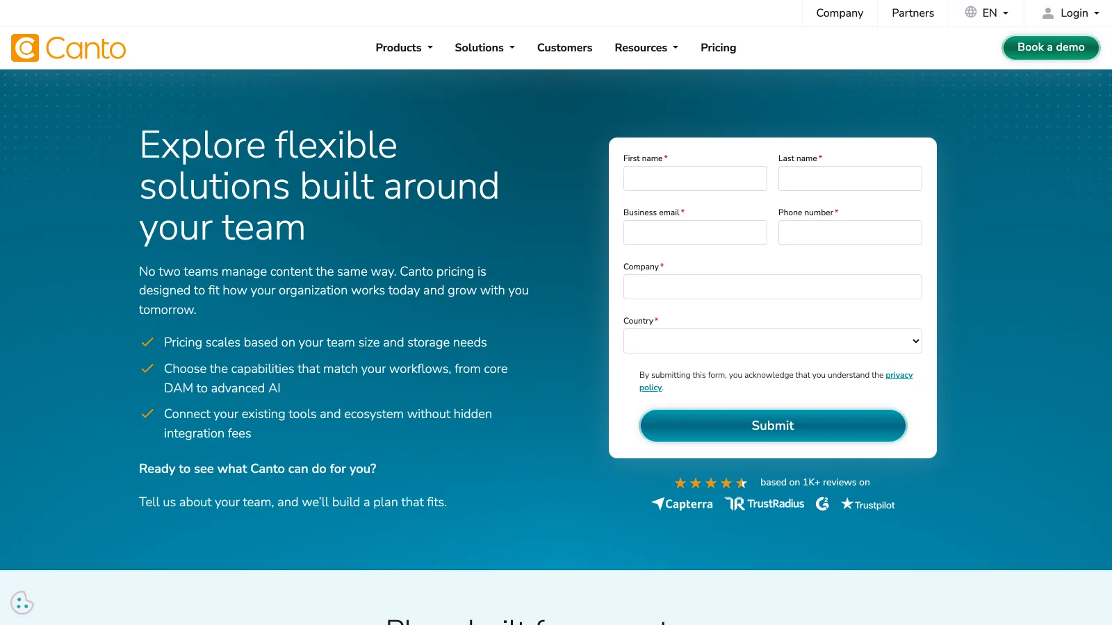 Canto pricing page showing four packages, Core Essentials, Enhanced Collaboration, Omni Brand Solution and Advanced, each with a Get pricing button and no price