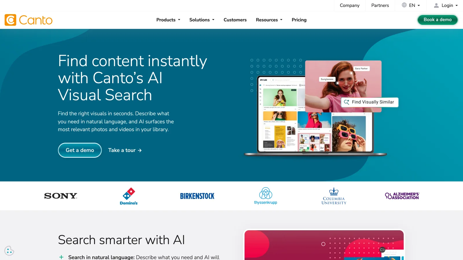 Canto AI Visual Search page with the headline Find content instantly with Canto's AI Visual Search and a library view with a Find Visually Similar action